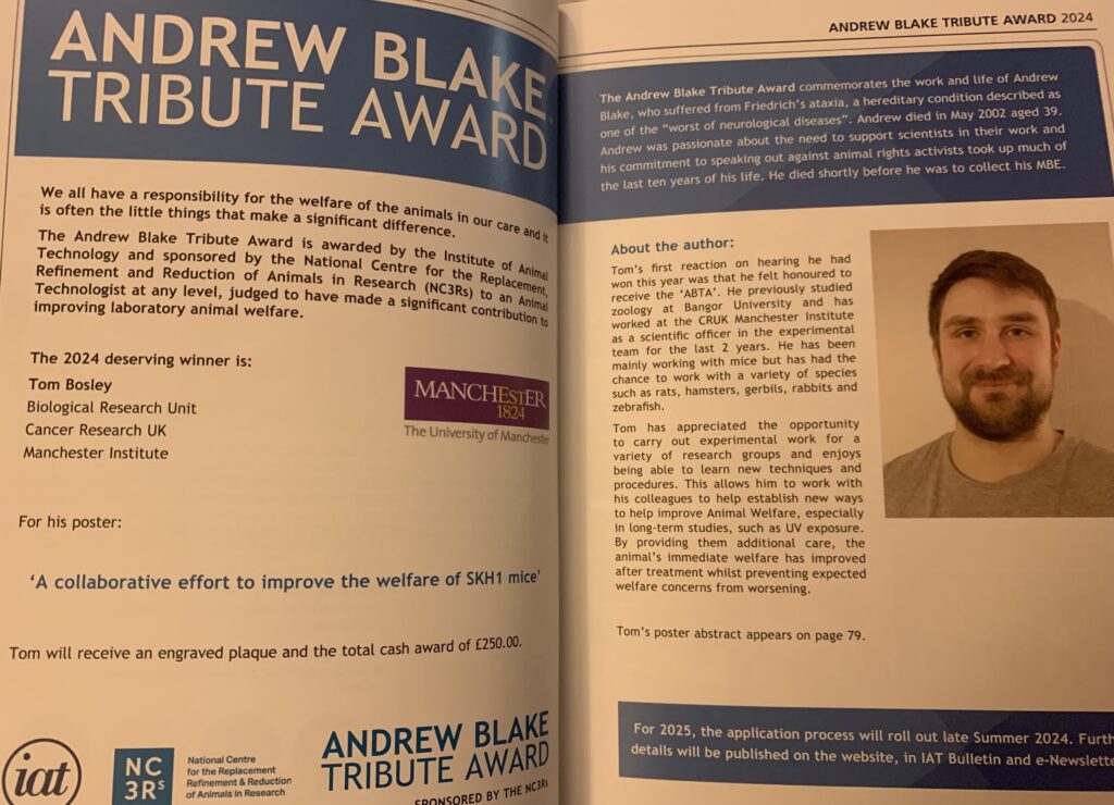Image of animal technician who wins Andrew Blake Tribute Award