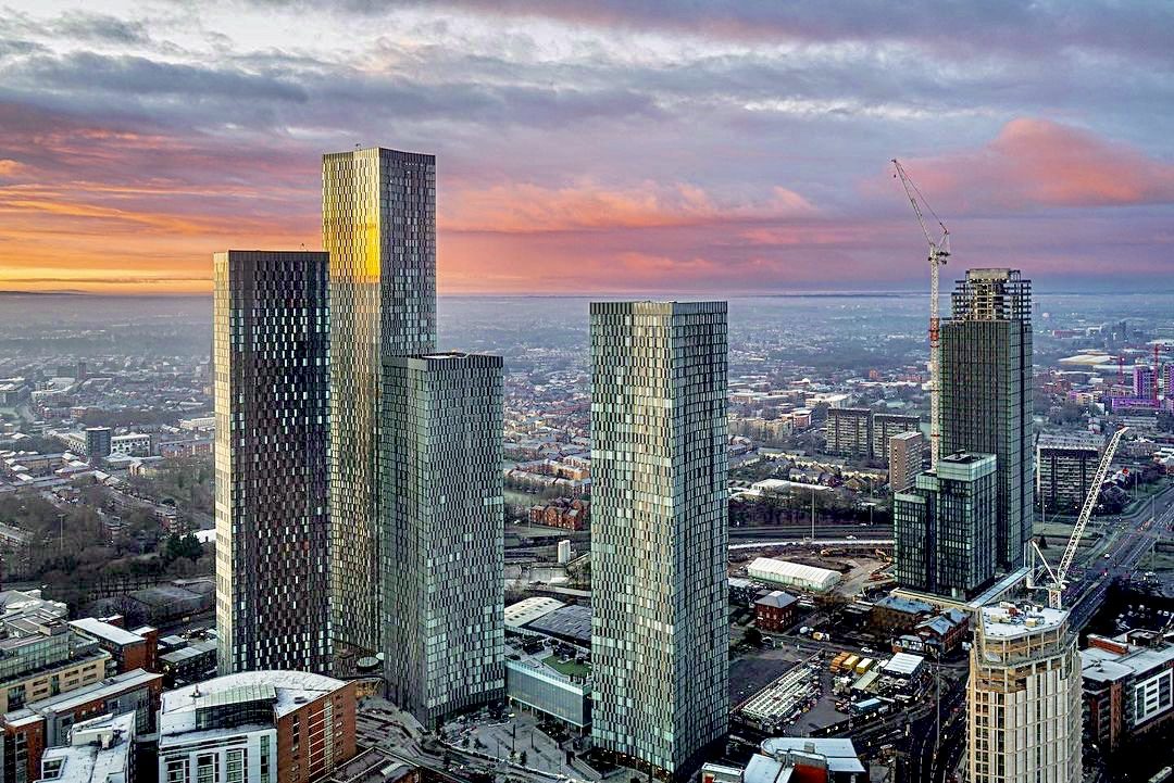 Deansgate and Elizabeth Tower in Manchester during the Winter